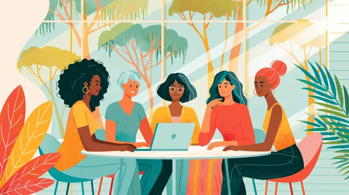 A group of people sitting around a table with a laptop