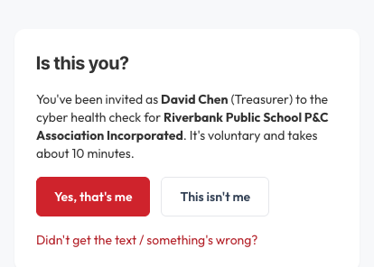The "Is this you?" screen a committee member sees after tapping their invitation link.