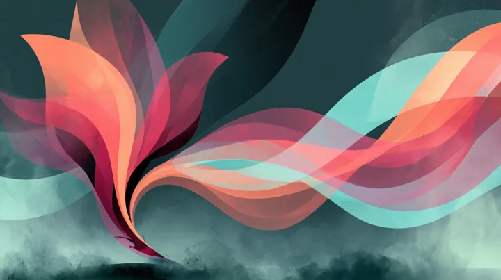 Abstract illustration of a stylised flower or butterfly form unfurling from the lower left, its translucent petals flowing across the frame in coral, crimson, salmon and teal against a dark teal-grey background, with soft mist along the bottom edge.