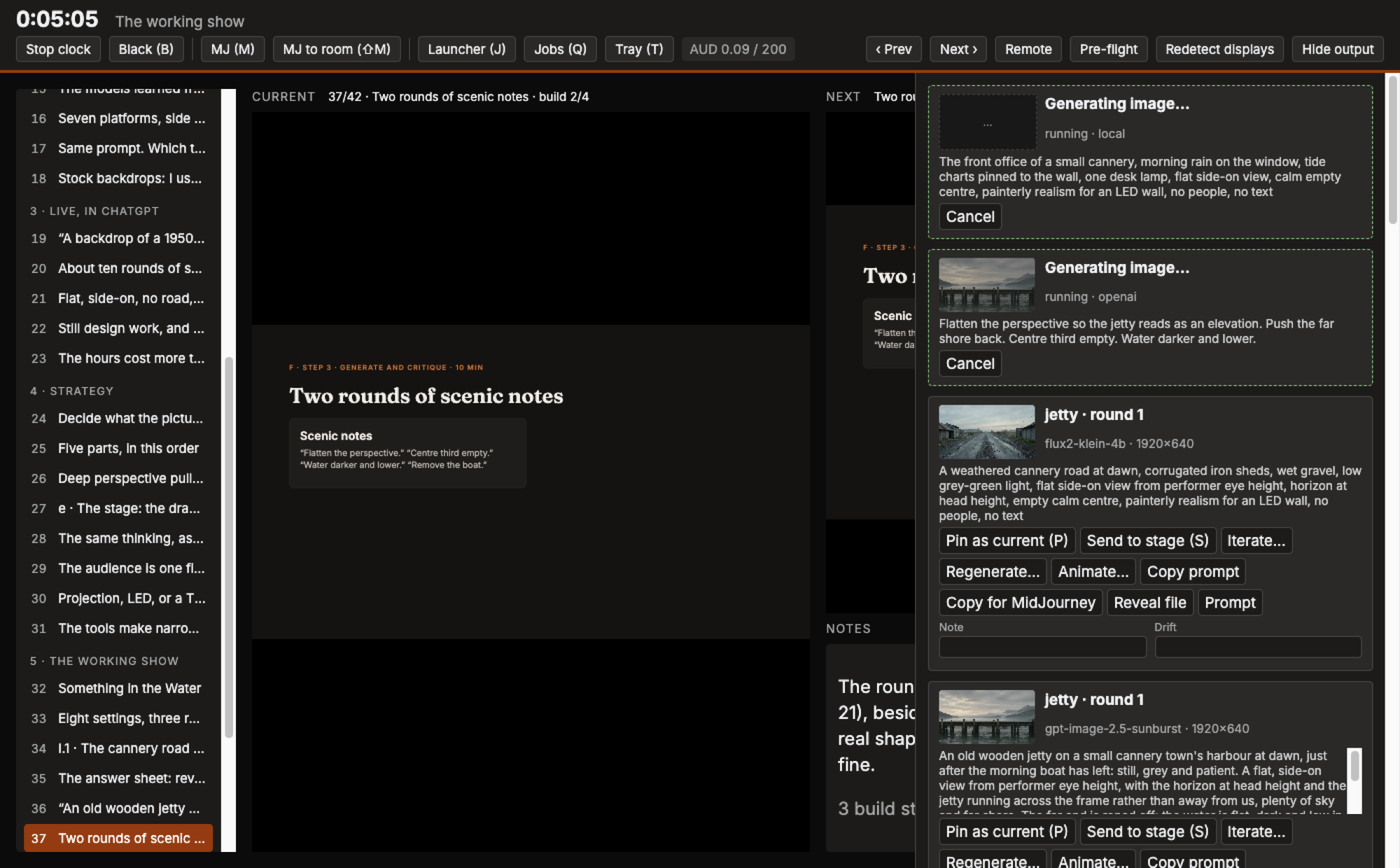 The image tray, showing generated images, their prompts and the options to edit, animate or send them to the audience screen.
