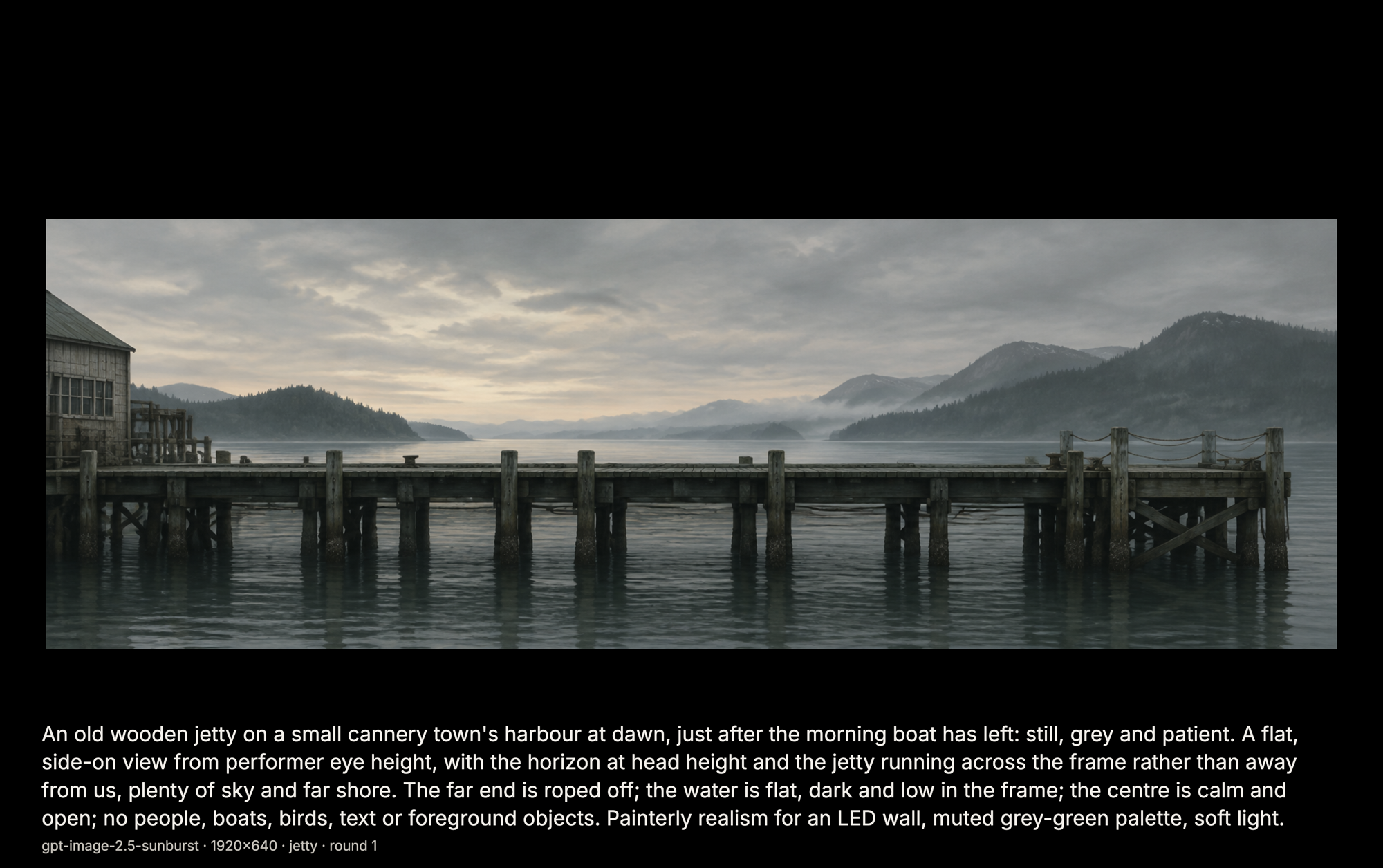 A generated jetty image on the audience screen, shown in the proportions of the stage screen with the prompt beneath it.
