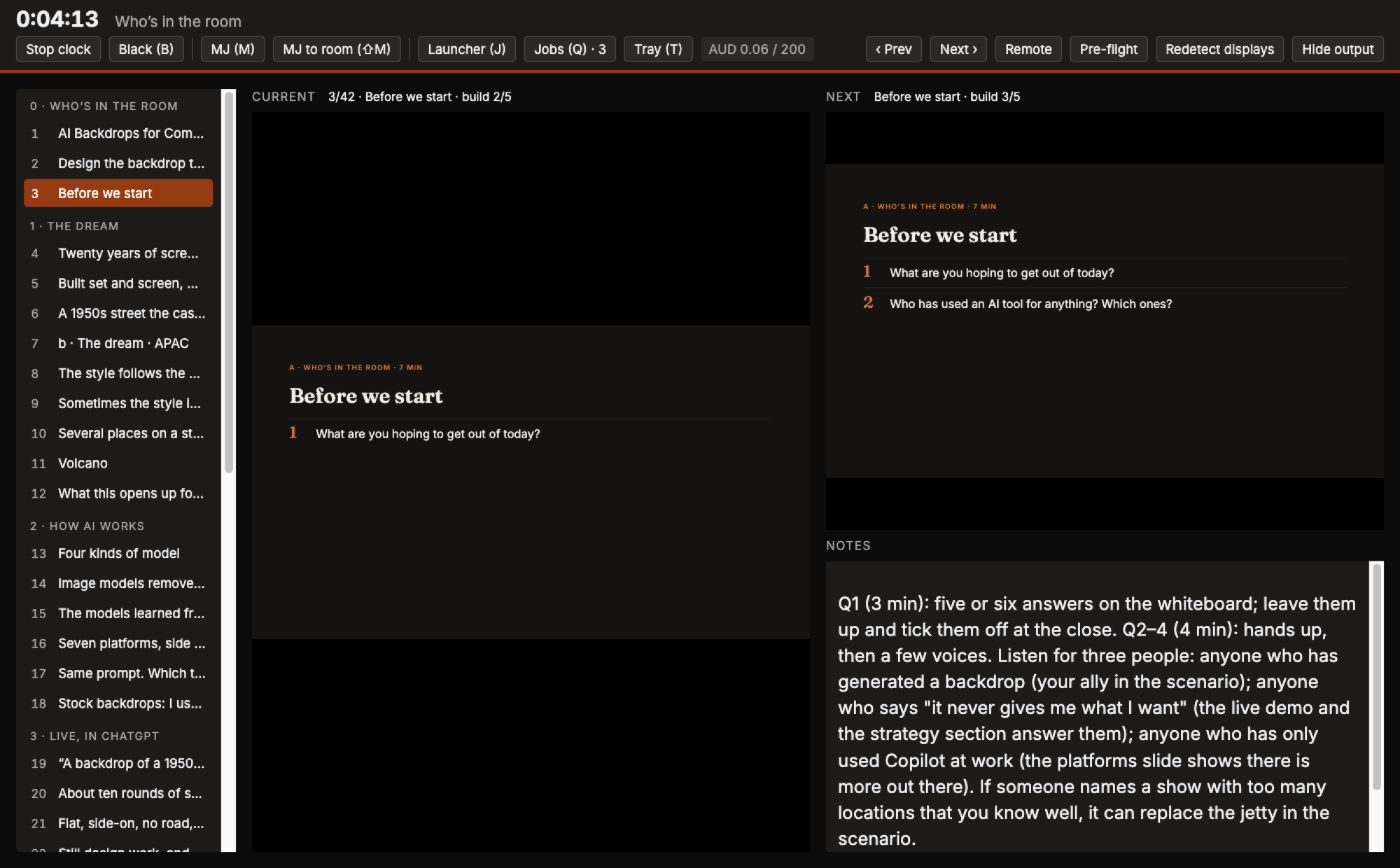 The presenter window, with the slides on the left, the current slide in the centre, and a preview of the next click and speaker notes on the right.