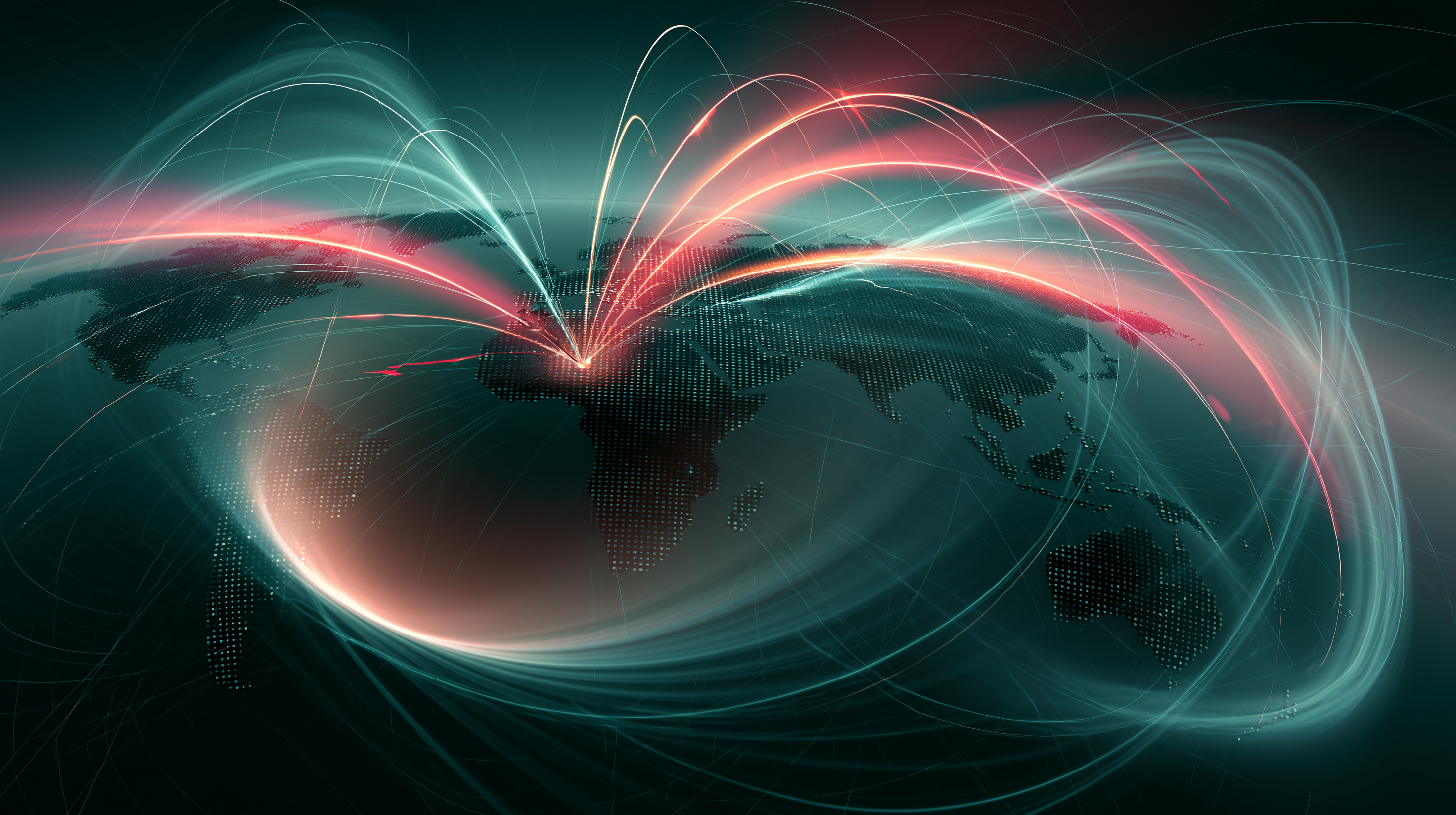 Abstract dark world map of glowing connection lines, with several incoming international lines marked in red and stopped at a central point, while a ring of light surrounds Australia.